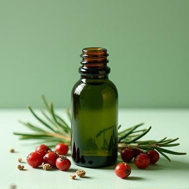 Small glass bottle of essential oil blend with pine needles and juniper berries.