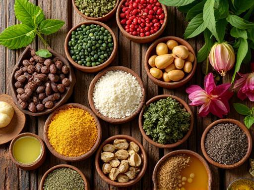 Selection of natural ingredients like dried herbs, oils, and flowers.